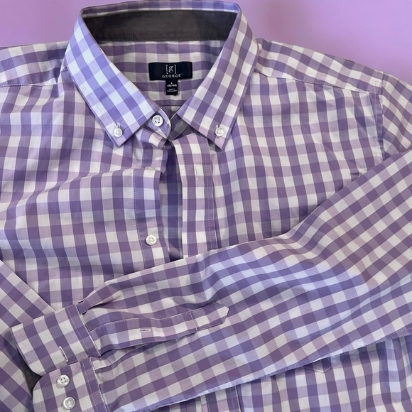 Men’s George Button Down Long Sleeved Shirt. L. Violet and white gingham - Picture 11 of 13